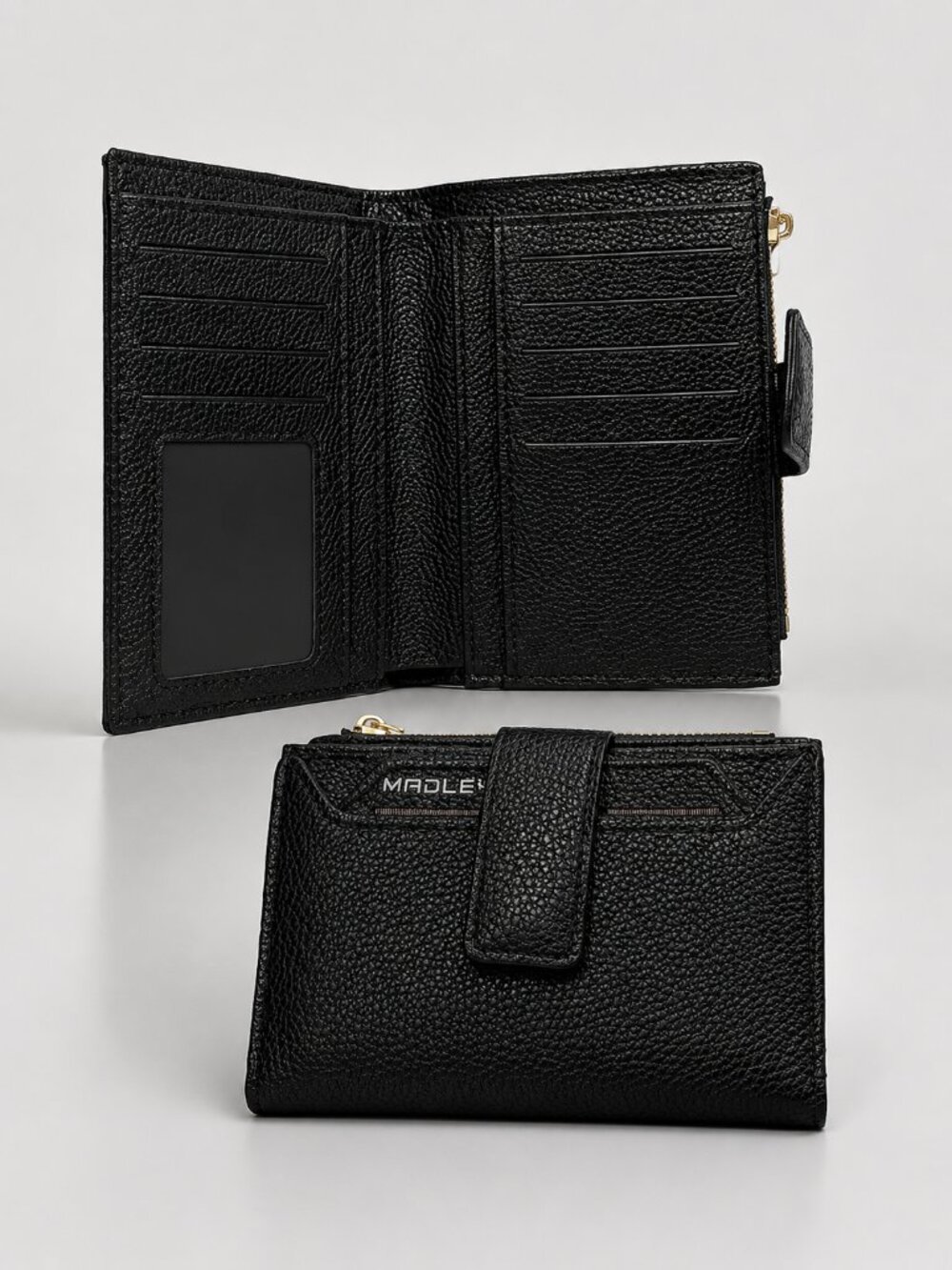 Madley Black Pebbled Leather Bifold Wallet Zip Coin Pocket Gold Hardware